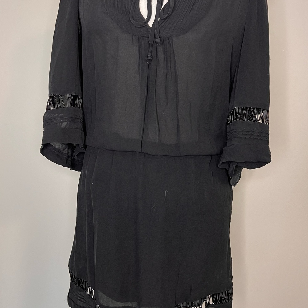 Parker NY 100% Silk Black Cold Shoulder Mini Dress - Size S - Ladder Cutout - Picture 1 of 6